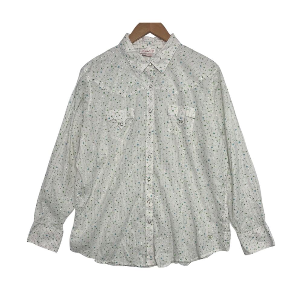 Ariat Top Womens XXL White Polka Dot Metallic Stripe Snap Western Shirt Rodeo